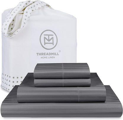 Threadmill 100% Cotton Sheets for King Size Bed - 600 Thread Count King Bed Sheets Set with 16” Deep Pocket - Damask Stripe Sateen Weave 4-Piece Bedding Set with Cooling Effect, Dark Grey