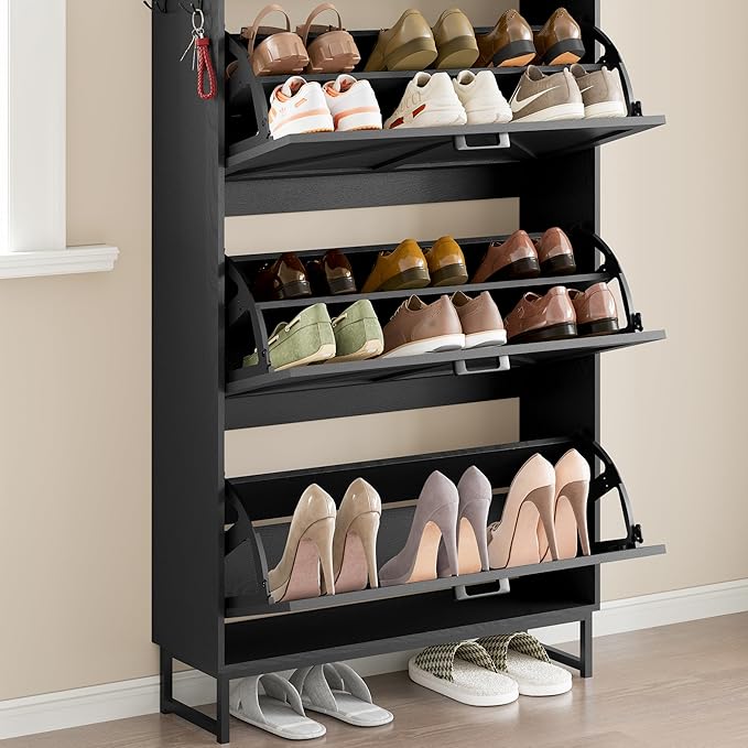 Shoe Cabinet with 3 Flip Drawers Narrow Shoe Storage Cabinet Organizer Wooden Freestanding Shoe Rack Hidden Slim Shoes Storage Cabinet for Entryway, Hallway, Living Room, Bedroom