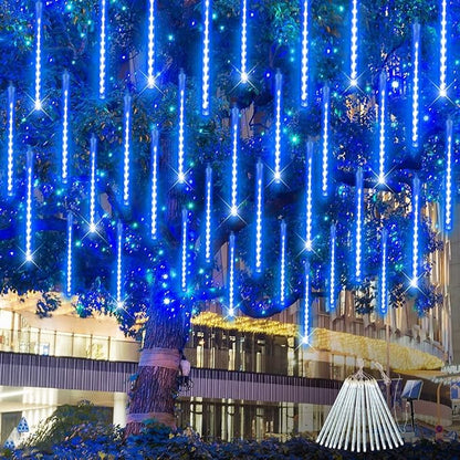 Solar Meteor Shower Lights Outdoor Waterproof, Christmas Lights Solar Powered Decorations, 16 Tubes 384LED Icicle String Light, Falling Raindrop Light for Christmas Xmas Tree Party Garden Decor(Blue)