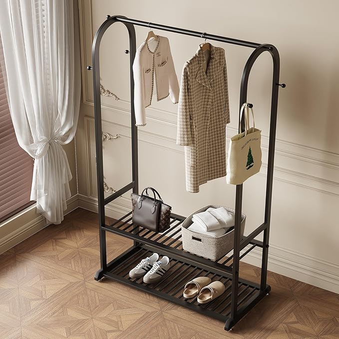 Black Clothing Rack,Heavy duty clothes rack with 2-tier Bottom Shelves, Garment Rack with 6 Side Hooks for Hanging Clothes, Coats, Shirts (black, 39.37in)