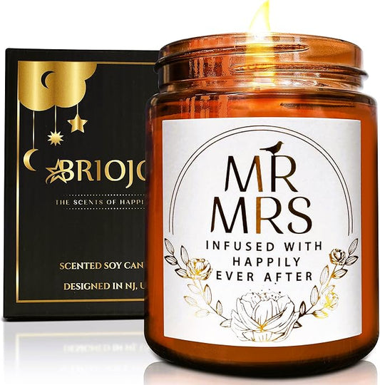 Wedding Gifts for Bride, Groom - Mr and Mrs Candle - Happy Engagement Gift for Her, Bride to Be - Gifts for Bridal Shower, Newlywed, Married Couples Anniversary - Jasmine Scented Soy Candle