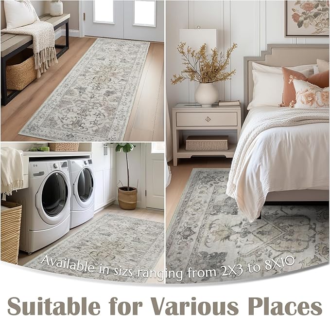 jinchan Hallway Runner Rug 3x8 Machine Washable - Vintage Floral Non-Slip Low-Pile Soft Ultra-Thin Faux Wool Kitchen Rug Distressed Carpet Runner for Farmhouse Bedroom Laundry Room (3x8ft,Taupe)