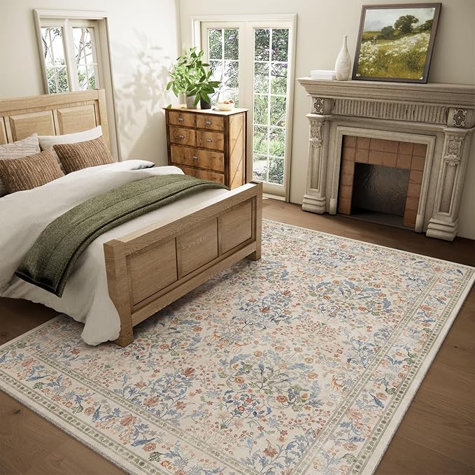 8x10 Area Rugs for Living Room: Washable Bedroom Rug Vintage Area Rug Stain Resistant Non Slip Low Pile Lightweight Soft Carpets Rug for Dining Room Kitchen Nursery Kids Room Farmhouse Indoor