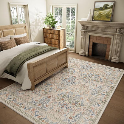 8x10 Area Rugs for Living Room: Washable Bedroom Rug Vintage Area Rug Stain Resistant Non Slip Low Pile Lightweight Soft Carpets Rug for Dining Room Kitchen Nursery Kids Room Farmhouse Indoor