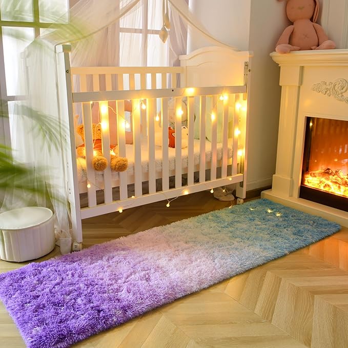 DweIke Luxury Shaggy Runner Rugs for Bedroom, 2x6 Feet Fluffy Runners Carpet for Girls Boys Kids, Non-Slip Extra Comfy Plush Bed Beside Rug for Living Room Nursery Home Decor, Purple and Blue