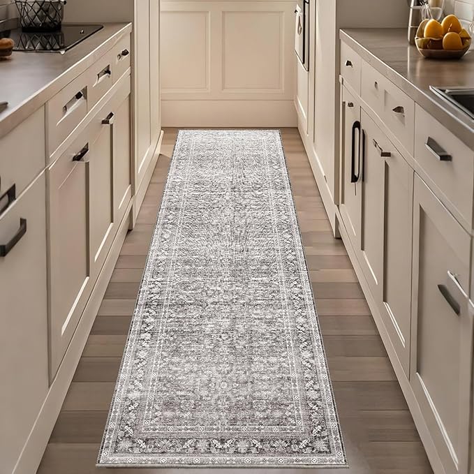 OPPODREAM Thin Vintage Grey 2x8 Runner Rug, 2 x 8 Retro Washable Rug Non Slip, Low-Pile Faux Wool Carpet, Distressed Gray Floor Mat for Kitchen, Hallway, Entry-Way, Entrance, Indoor Back Door