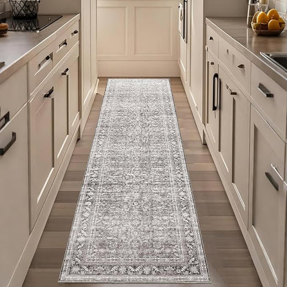OPPODREAM Thin Vintage Grey 2x8 Runner Rug, 2 x 8 Retro Washable Rug Non Slip, Low-Pile Faux Wool Carpet, Distressed Gray Floor Mat for Kitchen, Hallway, Entry-Way, Entrance, Indoor Back Door
