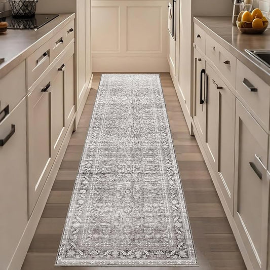 OPPODREAM Thin Vintage Grey 2x8 Runner Rug, 2 x 8 Retro Washable Rug Non Slip, Low-Pile Faux Wool Carpet, Distressed Gray Floor Mat for Kitchen, Hallway, Entry-Way, Entrance, Indoor Back Door