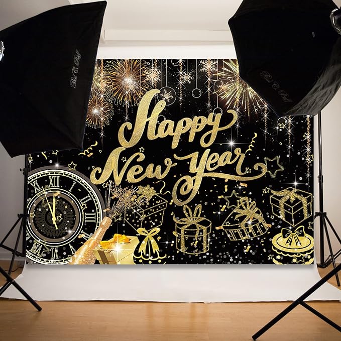 Happy New Year Backdrop,7x5FT 2026 Black Happy New Year Backdrop Party Decor New Year Banner New Year Eve Party Backdrop Supplies