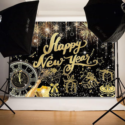 Happy New Year Backdrop,7x5FT 2026 Black Happy New Year Backdrop Party Decor New Year Banner New Year Eve Party Backdrop Supplies