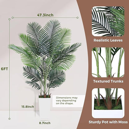Artificial Areca Palm Tree 6FT Fake Potted Plant Faux Silk Tropical Areca Palm Real Bark Design, Large Artificial Plant in Tall White Pot for Home Living Room House Warming Floor Decor