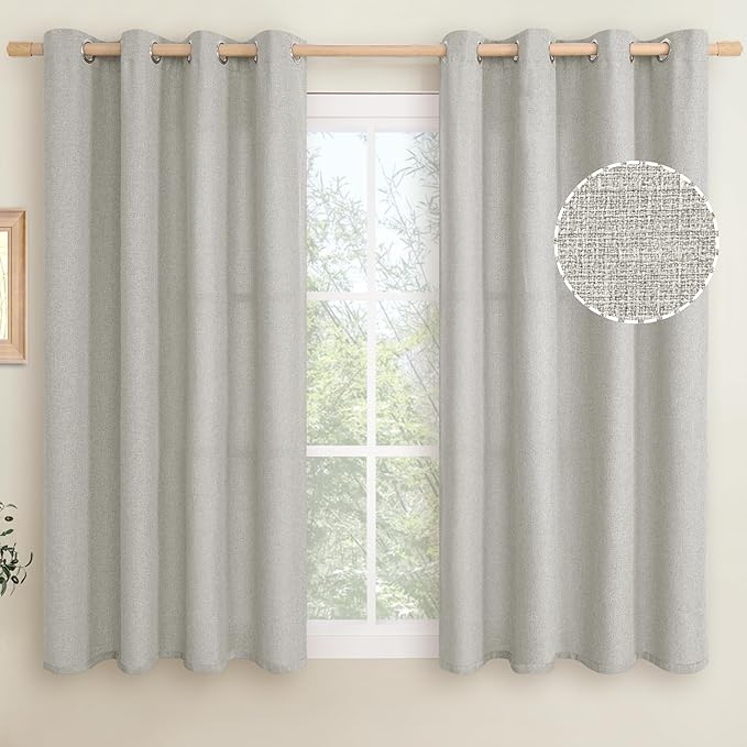 LAMIT Linen Curtains 54 inch for Bedroom, Grommet Thermal Insulated Thick Burlap Natural Curtains Noise Reducing Window Treatment Drapes for Living Room/Kitchen, 2 Panels, W52 x L54, Light Grey