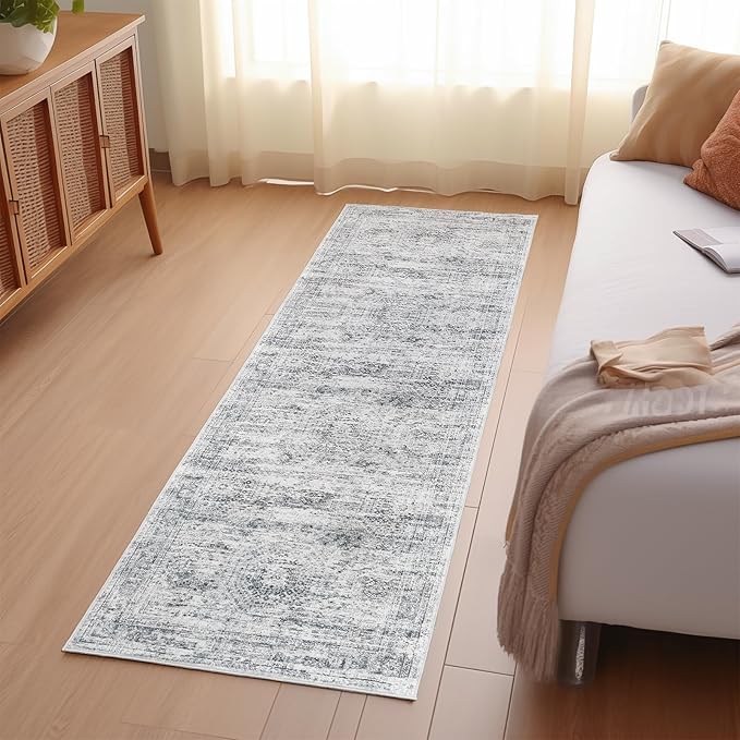 Long Hallway Runner Rug- Carpet Runners for Hallway 12ft, Anti Slip Backing Washable Rug Runner for Bathroom, Entrance, Living Room, Soft Low Pile Mordern Rug Runner(2'x12', Grey/Ivory)