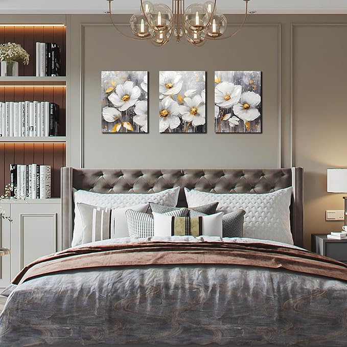 White Flowers Wall Art for Bedroom - Modern Canvas Wall Art for Office - 3 Piece Wall Art for Living Room 12" x 16"