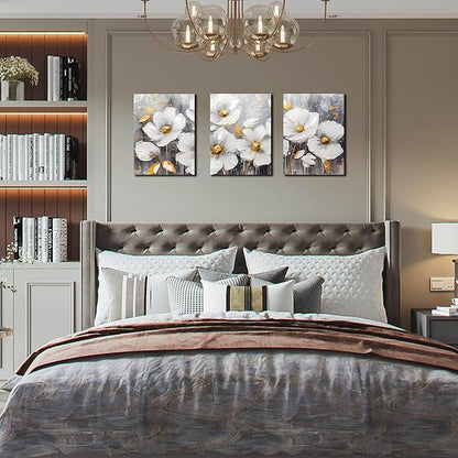 White Flowers Wall Art for Bedroom - Modern Canvas Wall Art for Office - 3 Piece Wall Art for Living Room 12" x 16"