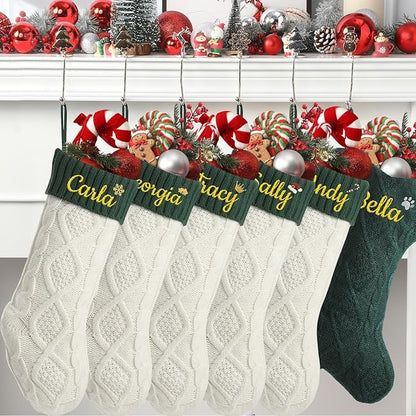 Personalized Christmas Stockings,Custom Embroidered Name+Logo Xmas Knitted Stockings 18'',Holiday and Family Stocking for Fireplace Christmas Holiday Party Decoration 1-6Pack（White Green）