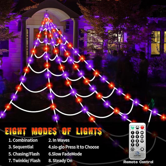 Halloween Decorations Outdoor Spider Web Lights, 16.4Ft 220 LED Lighted Spider Web Light up with 8 Modes Waterproof Timer for Yard House Halloween Outdoor Decor Purple Orange Spiderweb