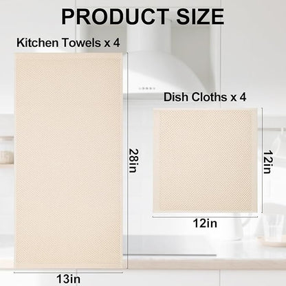 Homaxy 100% Cotton Kitchen Towels and Dishcloths Set, 12 x 12 Inches and 13 x 28 Inches, Set of 8 Bulk Kitchen Towels Set, Ultra Soft Absorbent Dish Cloths for Washing Dishes, Beige