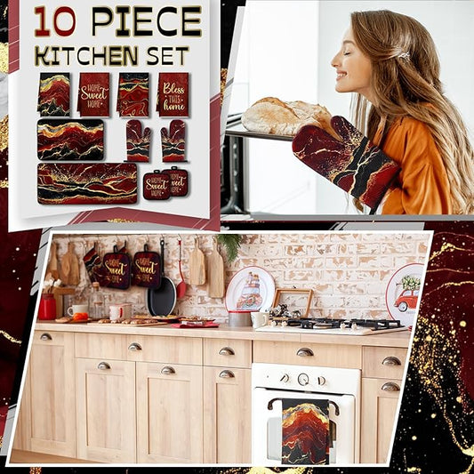 10 Pcs Christmas Marble Farmhouse Kitchen Decor Accessories Set Marble Kitchen Dish Towels Rugs Oven Mitts and Pot Holders Sets for Cooking Baking Daughter Mom Gift(Red)