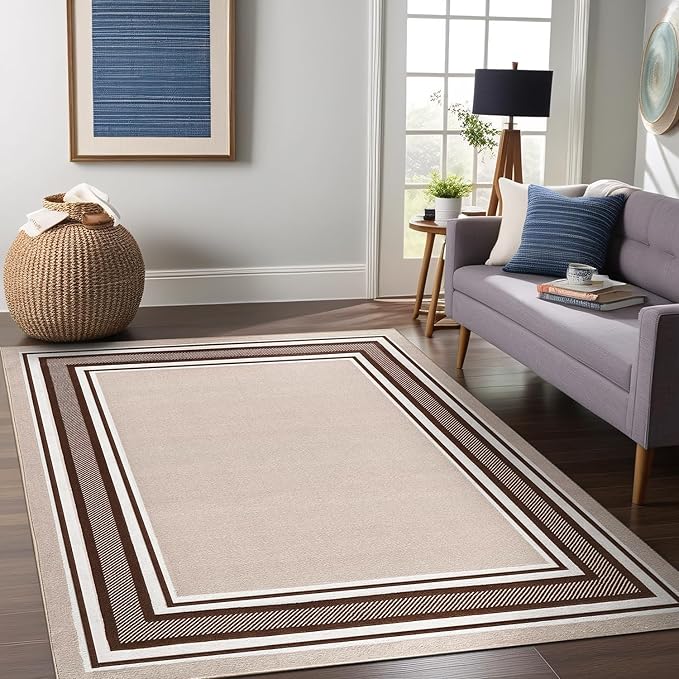 Beverly Rug Non Slip Area Rugs 8x10 Modern Bordered Non Skid Rubber Backing Soft Area Rug for Living Dining Room Easy to Clean Non Shedding Kitchen Bedroom Indoor Carpet 8 x 10 Beige-Brown