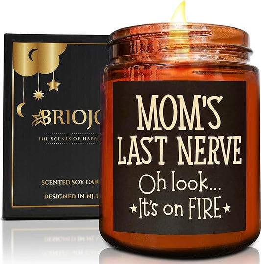 Mom's Last Nerve Candles - Fun Birthday, Mothers Day Gifts from Daughter, Son - Best Funny Stress Relief, Relaxing Gifts for Women, Wife, New Mom - Jasmine Scented Soy Wax Jar Candle for Home