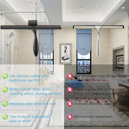 peafowl Shower Squeegee Stainless Steel Bath Squeegee for Shower Glass Doors Bathroom Windows Kitchen Mirror and Car Glass with Hooks Holder (12 inch, Black)