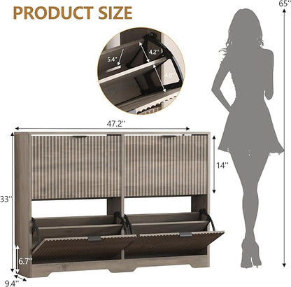 Shoe Cabinet Storage for Entryway with 4 Flip Drawers, Grey Fluted Shoe Cabinet with Adjustable Shelves, Wooden Hidden Shoes Rack Freestanding Narrow Slim Shoes Storage for Hallway, Entrance