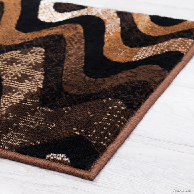 Allstar 2x7 Chocolate and Mocha Modern and Contemporary Runner with Ivory and Espresso Wavy Zigzag Design (1' 11" x 6' 11")