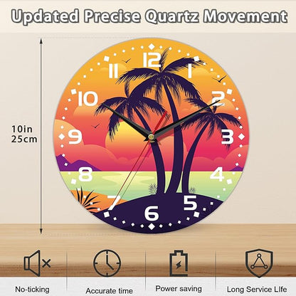 Palm Tree Sunset Art Wall Clock Vintage Wooden Wall Clock Silent Non-Ticking Battery Operated Arabic Numerals Wall Clocks Decorative for Kitchen, Office, Classroom 10 Inch
