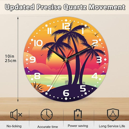 Palm Tree Sunset Art Wall Clock Vintage Wooden Wall Clock Silent Non-Ticking Battery Operated Arabic Numerals Wall Clocks Decorative for Kitchen, Office, Classroom 10 Inch