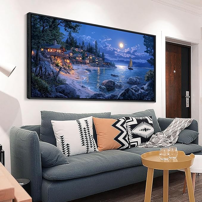 CHATYOUNG Coastal Living Room Wall Art, Large Blue Ocean Moon Night Seashore Canvas Black Framed Wall Pictures Modern Artwork Wall Painting for Bedroom Living Room Kitchen Home Office Decor 29x58 IN