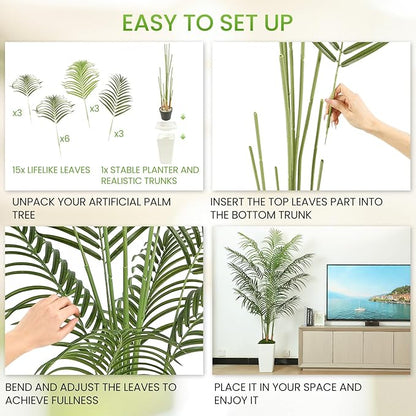 6FT Artificial Palm Tree, Tall Fake Tropical Areca Plant with White Square Planter for Indoor Outdoor Home Decor, Realistic Faux Palm Tree for Living Room, Office, Porch, Garden