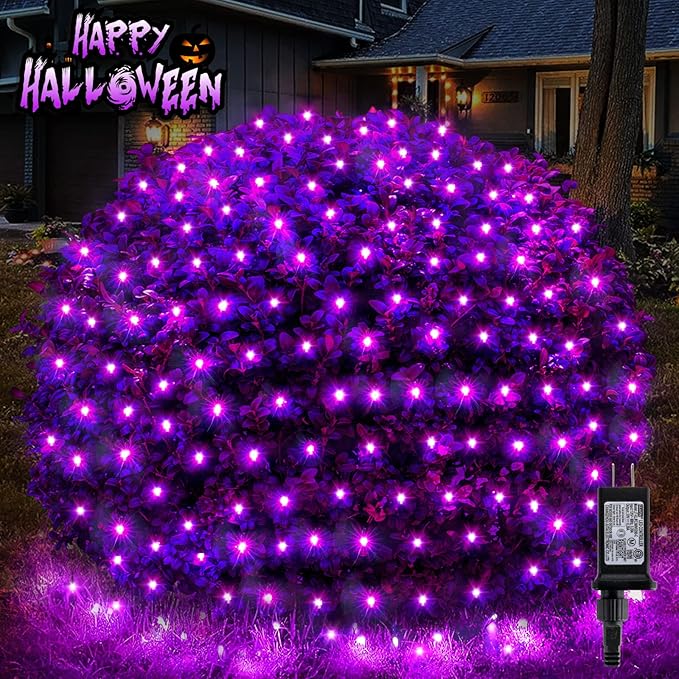BlcTec Halloween Net Lights, 200 LED 8.2ft x 4.9ft Purple Halloween Lights with 8 Modes, Timer, Connectable, Waterproof and Green Wire Design for Trees, Bushes Outdoor Decorations