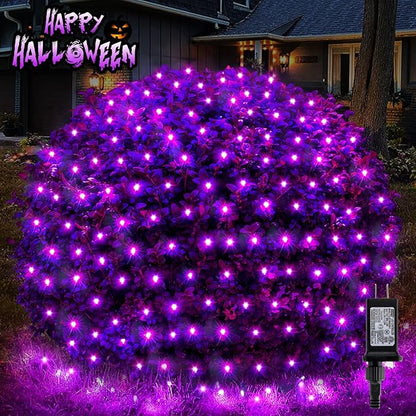 BlcTec Halloween Net Lights, 200 LED 8.2ft x 4.9ft Purple Halloween Lights with 8 Modes, Timer, Connectable, Waterproof and Green Wire Design for Trees, Bushes Outdoor Decorations