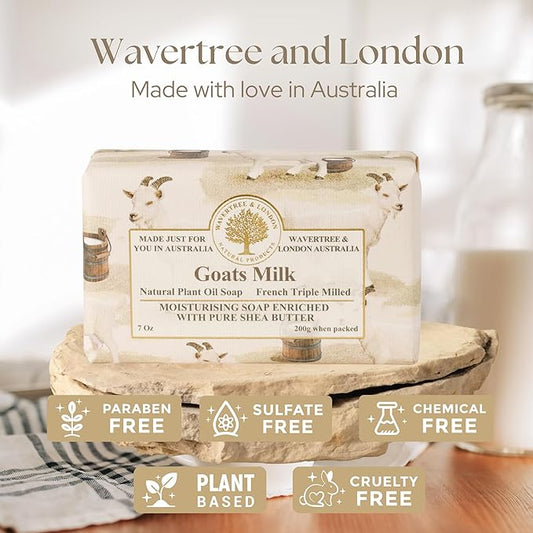 Wavertree & London Goat Milk Scented Natural Soap Bar, 7oz Moisturizing French Triple Milled Soap Bar for Women & Men Enriched with Organic Shea Butter, Pure Bath & Body Soap (1 Bar)
