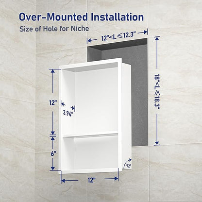Stainless Steel Shower Niche 18" X 12" White with 2-Tiers Shelf No Tile Needed Niche Shower for Bathroom Storage Recessed Wall Niches Over Mount Installation