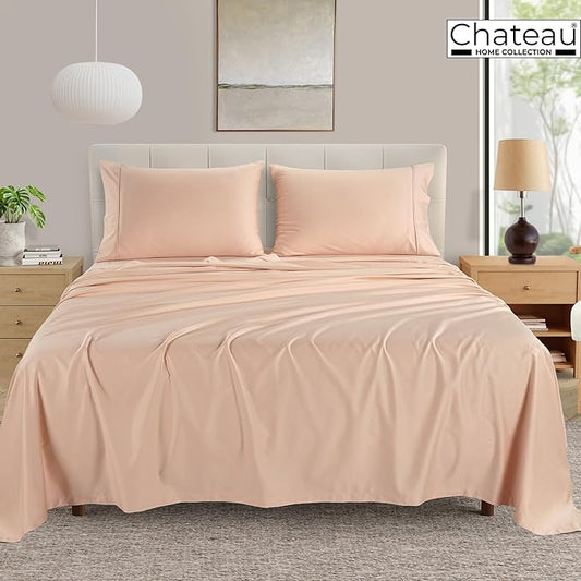 CHATEAU HOME COLLECTION 100% Egyptian Cotton King Size Sheets Set - 400 Thread Count Luxury Sateen Weave, Soft Breathable & Cooling, 15" King Sheets Deep Pocket-Blush