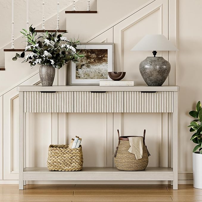 Lulive 51" Fluted Console Table for Entryway, Wooden Entryway Table with 3 Wooden Drawers, Farmhouse Behind Sofa Table for Living Room, Hallway, Couch, Foyer
