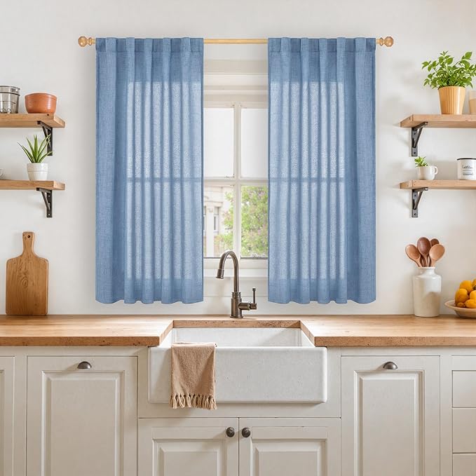 YoungsTex Denim Blue Linen Curtains 45 Inches Length for Kitchen Window, Short Light Filtering Drapes with Rod Pocket Back Tab Privacy for Cafe Bathroom Window, 42 x 45 Inch, 2 Panels