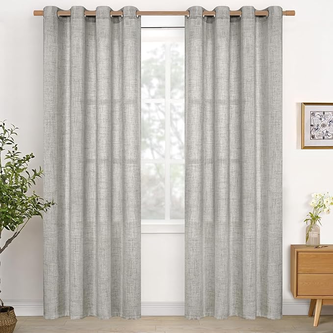 YoungsTex Dark Grey Linen Curtains for Living Room 52 X 80 Inch Length, Semi Sheer Drapes Light Filtering with Bronze Grommet for Bedroom Office Farmhouse Dining, 2 Panels