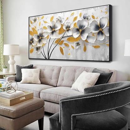 Large White and Yellow Flower Canvas Wall Art With Black Wood Frames for Living Room Bedroom Home Office Modern Grey Canvas Prints Framed Wall Art Size 30x60