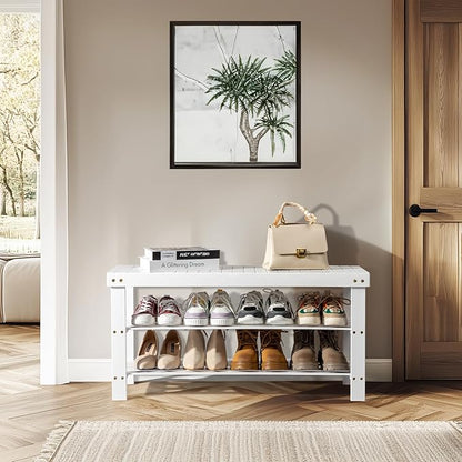 Bamboo Shoe Bench 90cm, 2-Tier White Color Slatted Entryway Bench, Multifunctional Storage Bench for Hallway Living Room
