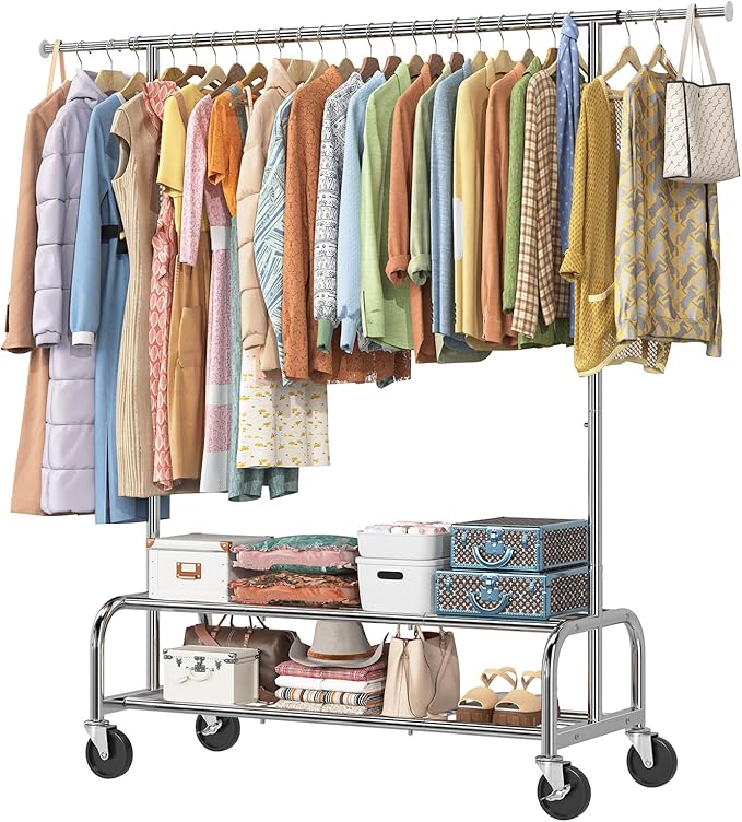 Simple Trending Heavy Duty Clothes Clothing Rack for Hanging, Rolling Garment Rack with Shelves Load 500 LBS, Chrome