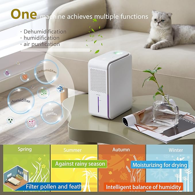 Dehumidifier, Humidifier & Air Filtration & aroma diffuser 3 in 1-1000ml Tank, Auto Humidity Control, ≤45dB Quiet, 7-Color LED for Bedroom/RV/Office (350 sq.ft)