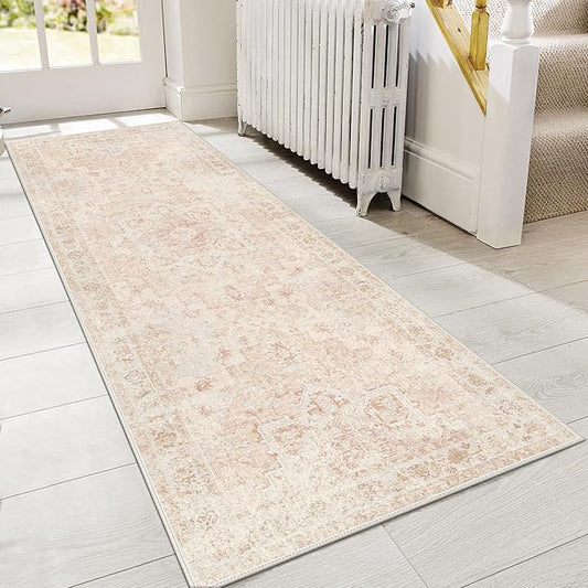 GENIMO 2'6''x6 Runner Rugs for Hallway, Machine Washable Non Slip Vintage Rugs, Low Pile Lightweight Soft Print Rug for enrtyway, Corridor, Home Office, Kitchen, Light Pink
