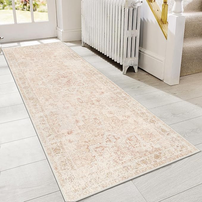 GENIMO 2x5 Runner Rugs for Hallway, Machine Washable Non Slip Vintage Rugs, Low Pile Lightweight Soft Print Rug for enrtyway, Corridor, Home Office, Kitchen, Light Pink