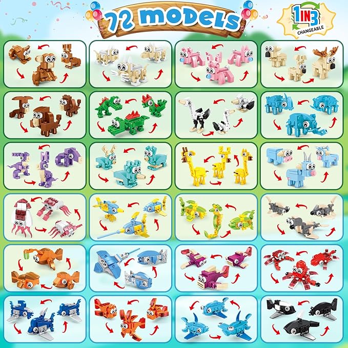 24 Pcs Animal Building Sets 24 Packs Valentines Party Favors For Kids, 72 Kinds of Transformable Building Block Toy, Goodie Bag Stuffers, Classroom Student Prizes Birthday Gifts for Kid Age 6+