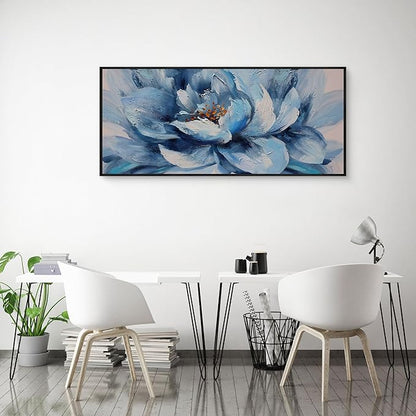 XLSJERST Large Flower Canvas Wall Art for Living Room - Blue and White Flower Picture Print Painting Wall Decor Framed Artwork Ready to Hang for Home Bedroom Wall Decoration Size 70x31 Inches