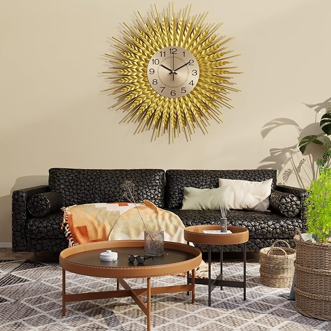 Modern Large Wall Clock Decorative Metal Mid Century Wall Clocks, Gold Big Silent Non-Ticking Clock, Modern Handmade Home Art Decor for Living Room, Bedroom, Dining Room, 24 Inch