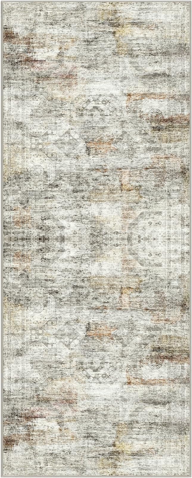2x5 Rug Runner Washable for Entryway, Soft Bathroom Rugs with Non-Slip Backing, Abstract Low Pile Hallway Runner, Vintage Small Kitchen Carpet for Stair, Laundry Room(2'x5', Grey/Rust)